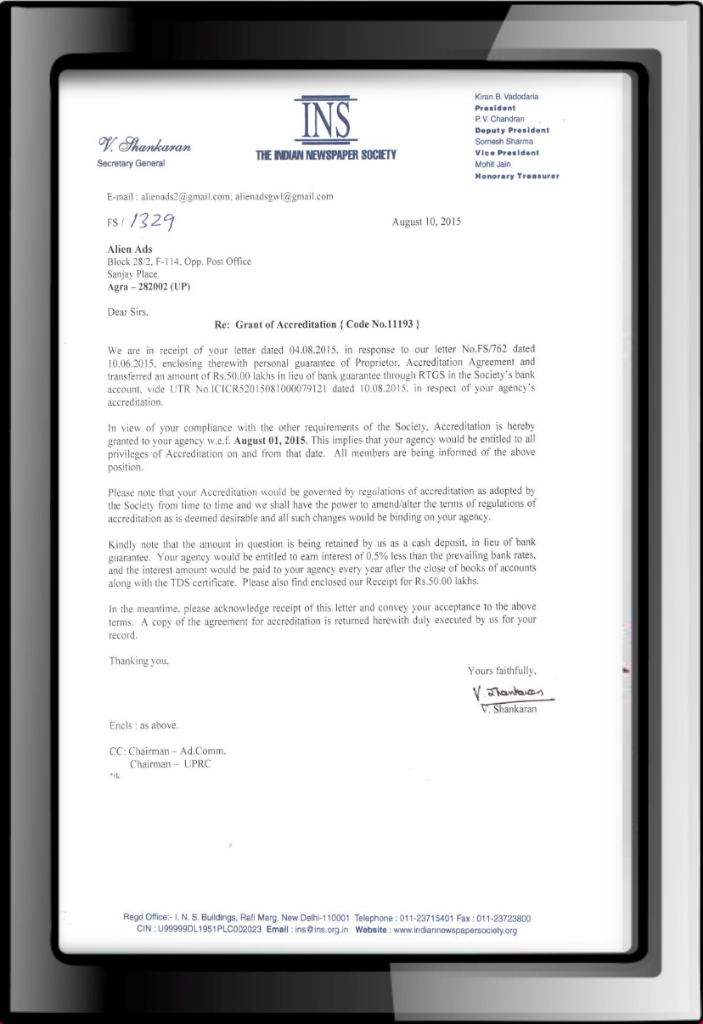 INS Accreditation Certificate